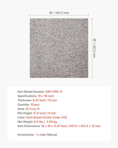 Image of VEVOR Carpet Tiles 18x18 inch, 10 Pack Carpet Square Rug Detachable & Damage-Free, Self Adhesive Home Floor Soft Plush Padded for 22.5sq.ft Coverage, Easy DIY for Living Room & Bedroom, Dark Brown