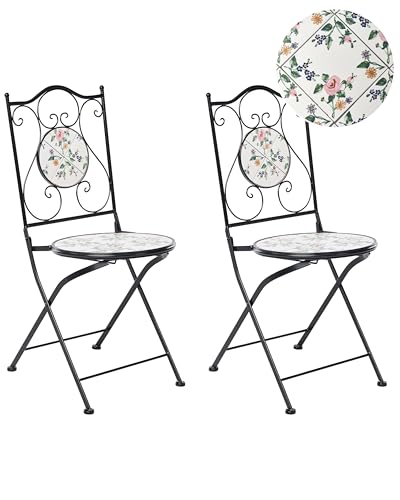 Beliani Lot de 2 Chaises de Jardin en Métal Pliables Fer Forgé Carreaux de Mosaïque Céramique Noir Collio