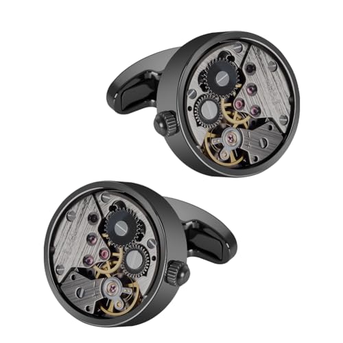 Mr.Van Men's Black Cufflinks - Watch Movement Design, Tin-plated Brass