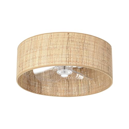 Low Profile DC Small Raffia Rope Ceiling Fan with Light Fixture and Remote Control,Wicker Flush Mount Bladeless Boho Enclosed Rattan Caged Fandelier for Kitchen Bedroom Indoor Office