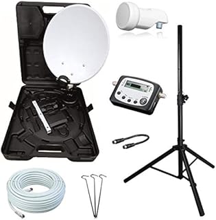 netshop 25 Camping SAT Koffer Schüssel mit HD Single LNB und 10m Kabel + Digital SAT-Finder + Dreibein Stativ bis 150cm (Mobile Sat Anlage 1 Teilnehmer) Set