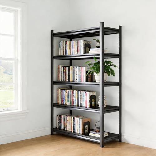 Image of 5 Tier Bookshelf, Large Industrial Metal Shelving, Heavy Duty Storage Shelves For Books And Display. Adjustable Open Standing Book Shelf For Living Room, Bedroom, Office (35.4 inchWx17.7 inchDx71.2 inchH)