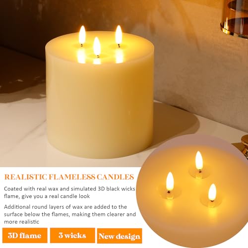 Image of Extra Large Flameless Candles, 6 inchx6 inch Real Wax Battery Operated Candles with Remote and Timer, Flickering LED Pillar Candles with 3 Wicks for Home, Wedding, Party, Holiday, Ivory