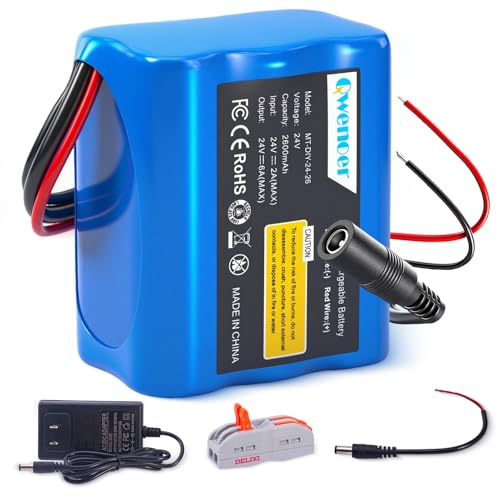 24V 2.6Ah Lithium Battery, 24V Rechargeable Li-ion Battery with Charger, Bare Leads Wire, Cable Connector for Kids Ride On Cars, DIY Project, RC Car, Robot, Solar Panels, LED Light Strip, CCTV Camera