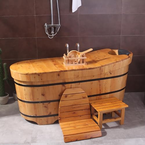 MegLob Vasca da Bagno in Legno Indipendente, Vasca da Bagno in Legno Massiccio in Stile Giapponese con Coperchio Termico in Legno Pieghevole,160cm/62.99'