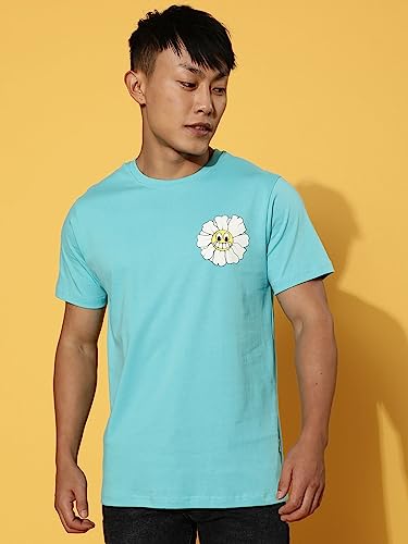 Image of Veirdo Cotton Blue Radiance & Orange Regular Fit Half Sleeve Crew-Neck Printed T-Shirt for Men