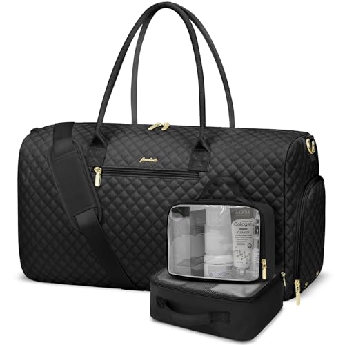 Image of Women Weekender Travel Duffle Bag: Travel Duffel Overnight Bags with Shoe Compartment Large Carry on Tote with Toiletry Bag Weekend Traveling Yoga Gym Hospital Bag for Women with Wet Pocket 3 PCS Set