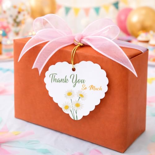 Image of CVANU Heart Shaped Thank You Tags 100-Pcs with Golden String, Floral Design Gift Tags for Wedding Favors| Birthday Party| Small Business Packaging (2.16x2.36 inch) D5