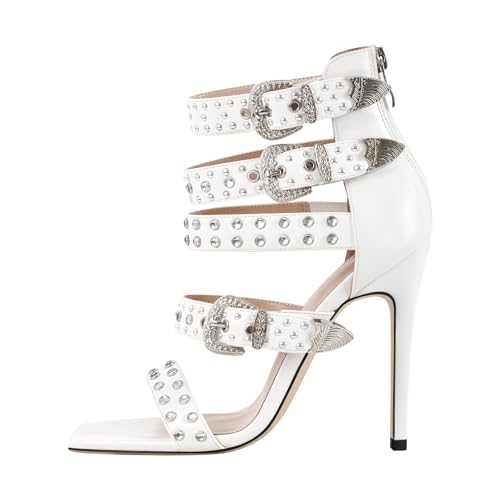 onlymaker Open Toe Stiletto Heeled Rhinestone Ankle Sandals for Women Multiple Buckle up Rivet Studded Zip up Summer Sandals Embellished with Crystal White Size 11