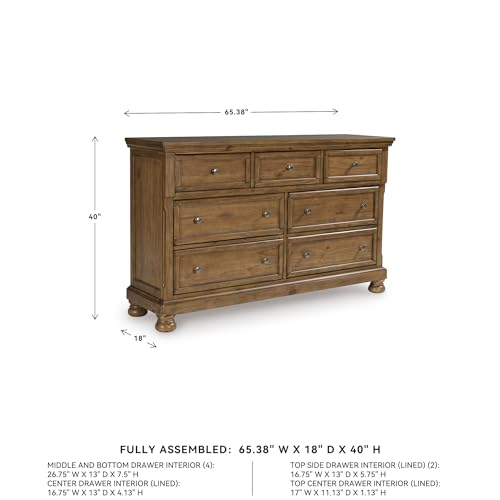Image of Signature Design by Ashley Glarrison Dresser for Bedroom, 7 Drawer Dresser with Hidden Jewelry Tray, Poplar Solids Pine Veneer and MDF Substrate, Classic Master Suite Storage, Medium Brown