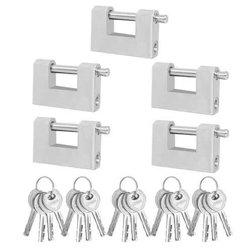PEDOBALI 5 Pcs Heavy Duty Lock with Stainless Steel Keys Silver D Shaped Padlock for Garage, Motorbike, Shipping Container, Warehouses and Iron Doors