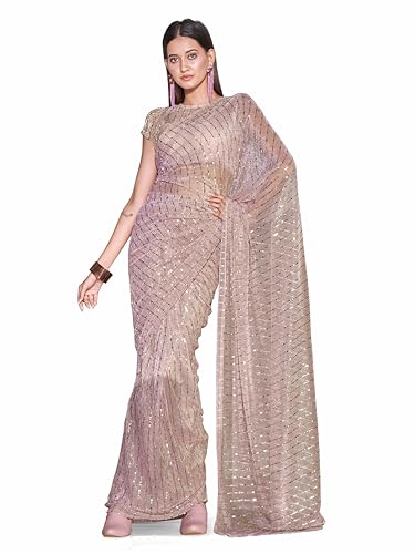Womanista Women's Foil Embellished Lycra Ready to Wear Pink Saree With Un-stitched blouse