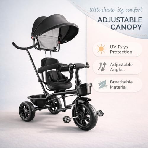 Image of Maanit Kids Tricycle with Canopy & Dual Storage Basket - Toddler Bike with Parental Handle Control, Safety Guardrail & Comfort Seat - Trike for Ages 1.5-5 Years (M692)