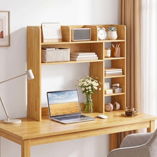 Image of Tangkula Desktop Bookshelf with LED Lights, Desk Hutch with 8 Shelves for Max 25 inch Monitor, Desktop 5-Tier Display Rack, Wood Desktop Storage Hutch Organizer for Dorm Office Home, Burlywood