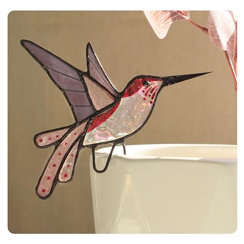 Lolitarcrafts Stained Glass Hummingbird Suncatcher for Planter Decoration – Colorful Glass Plant Pot Ornament, Ideal as a Gift for Christmas or Other Occasions (Purple A)