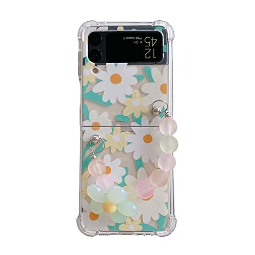 Cute Daisy Phone Case Compatible With Samsung Galaxy Z Flip 4 Hard Cover With Flower Wrist Strap Chain For Z Flip 4 5G Acrylic Shockproof Cases - Clear #TOP28