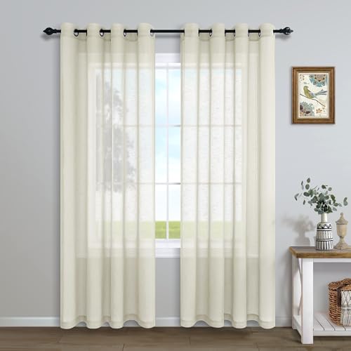 Pitalk Beige Curtains 108 Inches Long for Living Room 2 Panel Grommet Neutral Linen Textured Sheer Drape Light Filtering Curtain for Patio Door 52x108