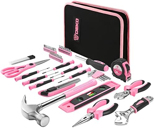 DEKO Pink Tool Set 110 Piece Household Tool Kit,Ladies Portable Tool Set with Easy Carrying Pouch, Perfect for DIY Projects, Home Maintenance
