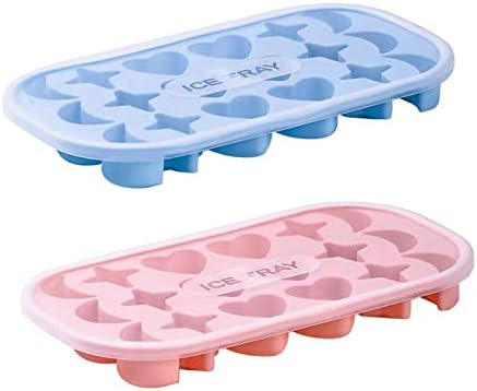 Ice Cube Trays 2 Pack, Silicone Stars Moons Hearts Shape ice cube molds with Lid,Multiple Shape Mini Ice cube trays, Easy-Release,BPA Free, for Cocktail, Freezer, Stackable Ice Trays (BLUE+PINK)