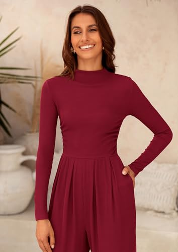 PRETTYGARDEN Jumpsuits For Women Dressy Fall Fashion Clothing 2025 Long Sleeve Mock Neck Date Night Rompers Business Outfits