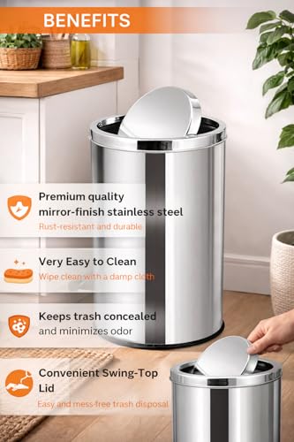Image of ROYAL SAPPHIRE Stainless Steel Trash can,Bathroom Trash can with lid，Small Trash Can with Flipping Lid, 2.4gallon,Garbage cans for Kitchen，Living Room.