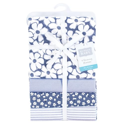Image of Hudson Baby Unisex Baby Cotton Flannel Receiving Blankets 4-Pack, Blue Cosmos, One Size