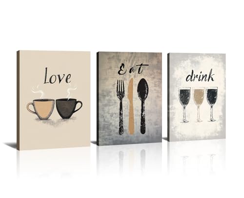 3 Pcs Kitchen Canvas Art Love Eat Drink Picture Wall Decor Framed Fork Knife Coffee Wine Painting Vintage Prints Dining Room Restaurant Bar Ready to Hang(Kitchen-8,11.00