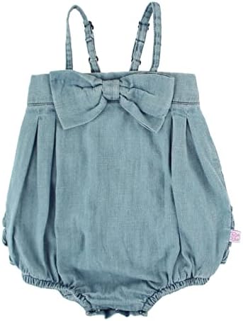 RuffleButts® Baby/Toddler Girls Light Wash Denim Bow-Front Bubble Romper - 18-24m