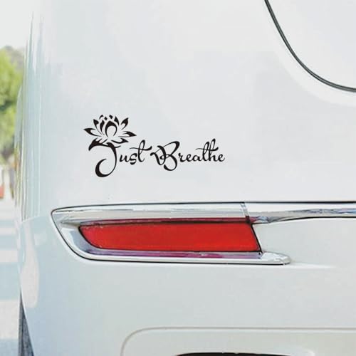 Image of Just Breathe Car Window Decal - Inspirational Lotus Flower Sticker for Vehicle Rear Window - Mindful Driving Accessory Positive Attitude Adhesive Vinyl Decal 8.66 * 3.94inch -XY94 (Black)