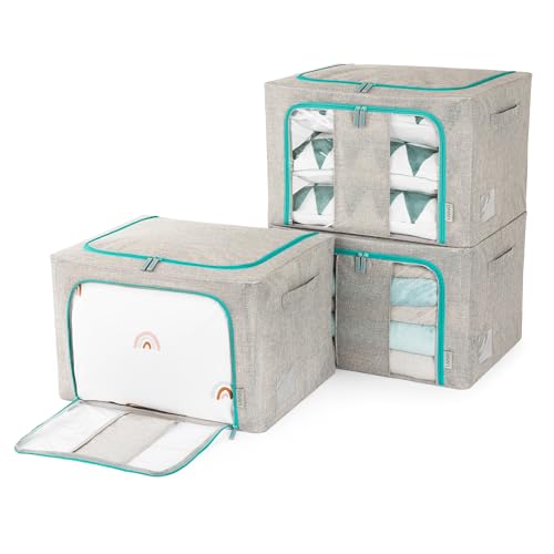 LIVIVO Set of 3 Foldable Fabric Storage Boxes with Steel Frame, 66L Capacity, Grey with Green Zip, Clear Windows, Label Holders, Ideal for Underbed and Wardrobe Organisation