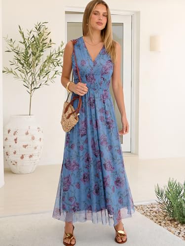 Image of ANRABESS Women's Floral Tulle Wedding Guest Maxi Dress | V Neck Sleeveless,A-Line Elastic Waist,Casual Flowy Formal Boho,Bridal Shower Garden Party Beach Vacation,Summer Fall