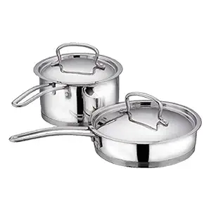Vinod Stainless Steel Induction Friendly Classic Deluxe Combo Set of 2 Pcs - Saucepan (16 cm/2.1 litres) with Lid & Frypan (20 cm) with 2 Years Warranty - Silver