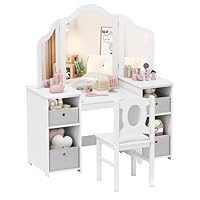 COSTWAY Kids Vanity Table and Stool Set, Princess Makeup Dressing Tables with Tri-Folding Detachable Mirror, 4 Storage Shelves, Wooden Children Study Desk for 3+ Years Old