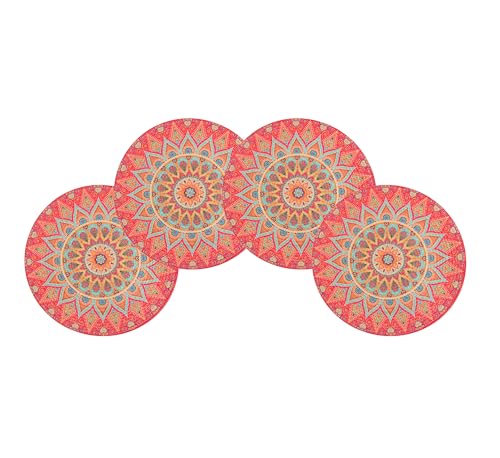 Image of LaVichitra Cotton Table Placemat | Dining Table Mat | Bed Side Table Mat | Cotton Round Shape Placemats | Washable PlaceMat for Shelves & Plant Pots - Pack of 4, Rangoli Print