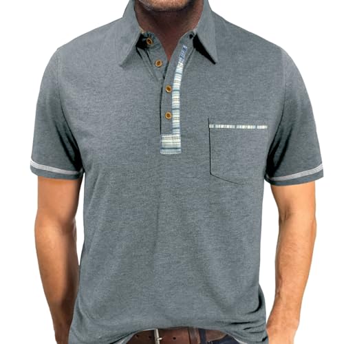 PRIVIMIX Polo Homme Manches Courtes avec Poche Ete Polo Tops Tee Shirt de Golf Rugby Clair Gris XXL