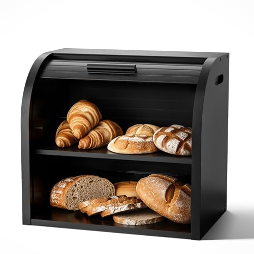 G.a HOMEFAVOR Bread Box: Large 2-Tier Bamboo Roll Top Bread Storage Container for Kitchen Counter, Bread Holder Food Bin for Countertop, Self-Assembly, Black