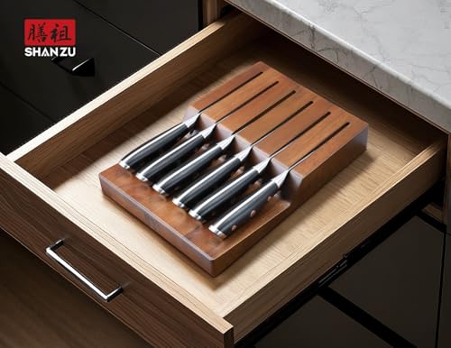 Image of SHAN ZU Steak Knife of 7, 4.5 Inch Damascus Steak Knife Set with Block