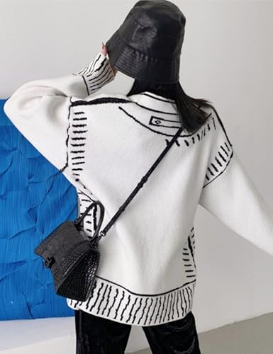 Women Print Graffiti Unique Cardigan Sweater Y2k Fake Pocket Long Sleeve Button Up Open Front Knit Sweaters Coat3