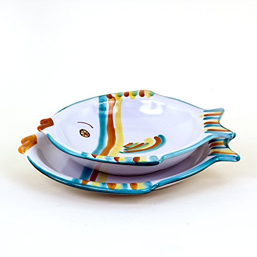 Decorato CEAR ceramiche - Set piatti pesce 2 pz. posto tavola singolo da pesce in ceramica di Caltagirone