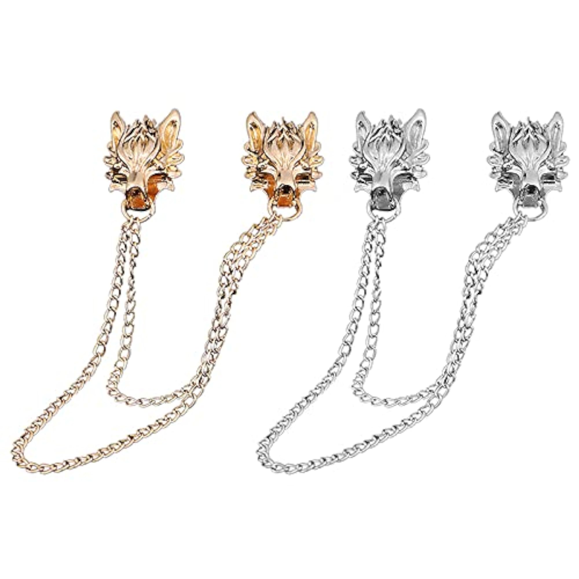 Wolf Head Alloy Cardigan Clip Brooch with Chain, Chic Design