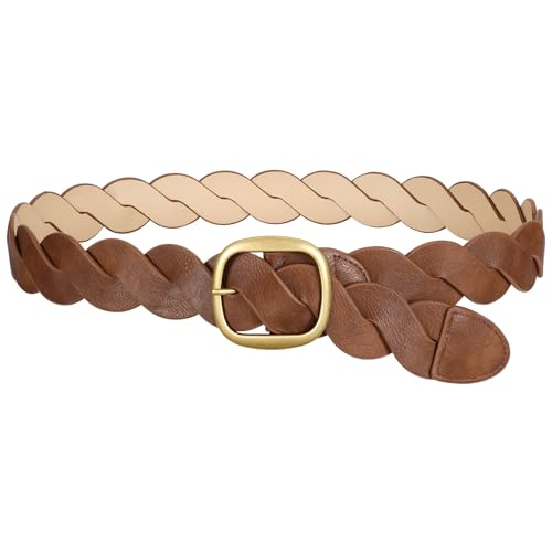 SANSTHS Women Leather Waist Belt with Vintage Gold Buckle No Hole Adjustable Boho Western Belt for Jeans Dresses Pants