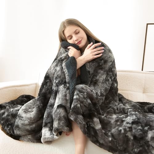 Heated Throw Blanket Faux Fur & Sherpa, Safe Electric Blanket ETL & FCC Certified, Soft Warm 6 Heating Levels & 4 Hours Auto-Off, Machine Washable, 50"x60" Dark Grey
