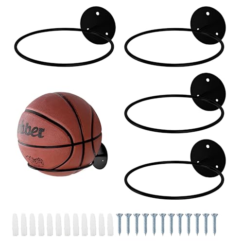 ZSMJAER Set of 4 Metal Basketball Wall Mounts, Basketball Stand with Screws and Peg, Top Ball Storage, Basketball Stand Deco