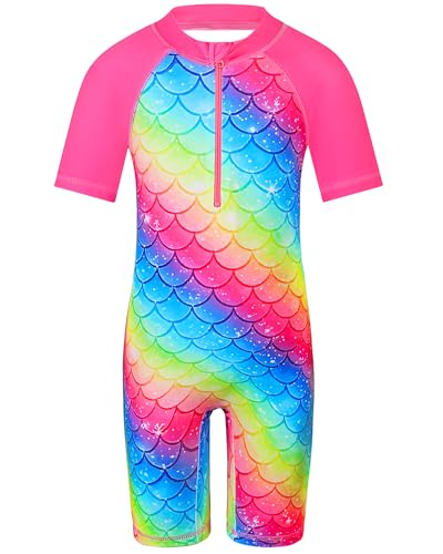 Image of TFJH E Short Sleeve Girls Swimsuits UV 50+ One Pieces Zipper 2-14Y | From beach vacations and pool parties to cruises and water parks, this colorful floral swimsuit is her summer favorite