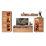Lomadox Wohnzimmerset Wohnwand inkl. Beleuchtung Vitrine Wandboard Vitrinenschrank TV Lowboard, Front Kernbuche...