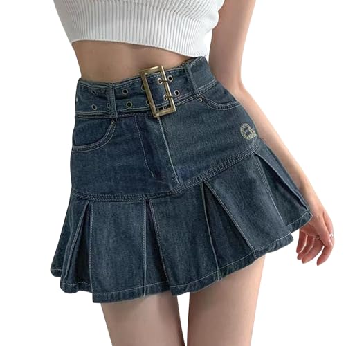 Image of Womens Y2K Ruffle Hem Distressed Casual Mini Denim Skirts High Waisted A-line Pleated Jeans Skirts with Belt