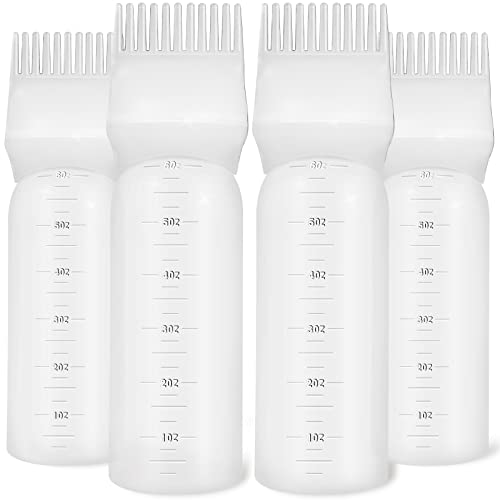 ONLYFU 4 Pcs Root Comb Applicator Bottle, 6 Oz Hair Dye Applicator Bottle with Comb and Scale Plastic Hair Oil Applicator Bottle for Hair Dye and Hair Care (4 Pcs)