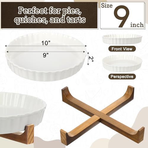 image for LemonRoad 9 Inch Ceramic Pie Pan with Wooden Bracket Ceramic Deep Flut