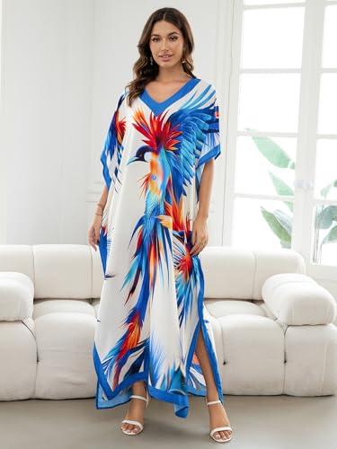 Image of IMAGEKOPE Women's Plus Size Loose Fit Moroccan Print V-Neck Batwing Kaftan Beach Dress Bathing Suit Cover Up
