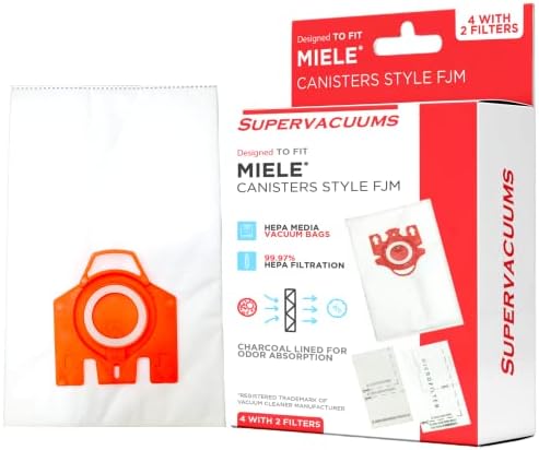 Supervacuums Deluxe FJM Style Charcoal HEPA Canister Vacuum Cleaner Bags for Use with Miele Vacuum Cleaners | Heavy Duty Vacuum Bags with EZ ON Collar | 99.97% Filtration Bag | 4 Bags | 2 HEPA Filters